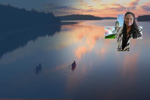 people canoeing at sunset