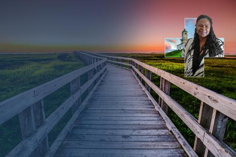 Boardwalk with image of nurse in a cross