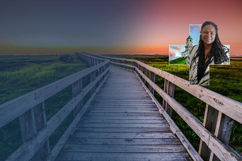 Boardwalk with image of nurse in a cross