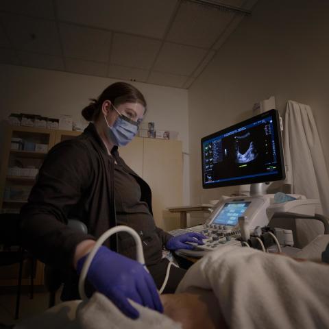 Sonographer using ultrasound equipment on patient